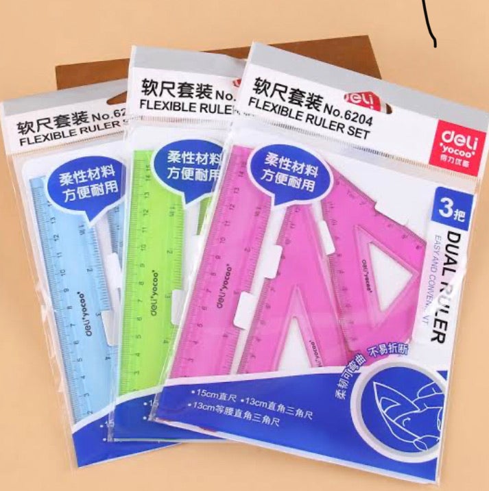 Deli Ruler 3Pcs Plastic Triangle Ruler Student Stationery Set