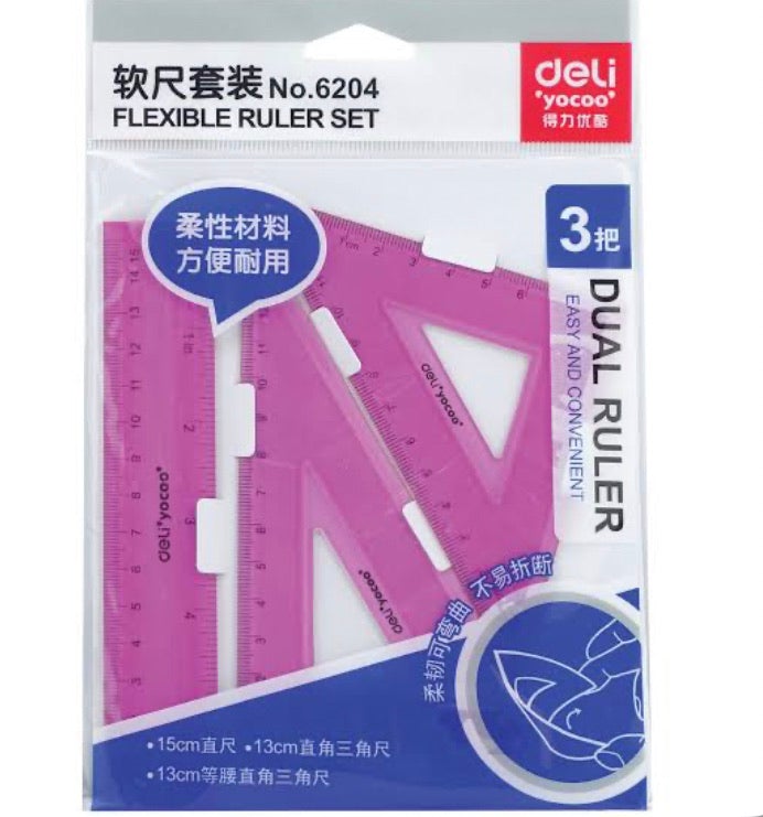 Deli Ruler 3Pcs Plastic Triangle Ruler Student Stationery Set