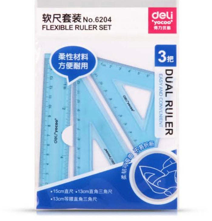 Deli Ruler 3Pcs Plastic Triangle Ruler Student Stationery Set