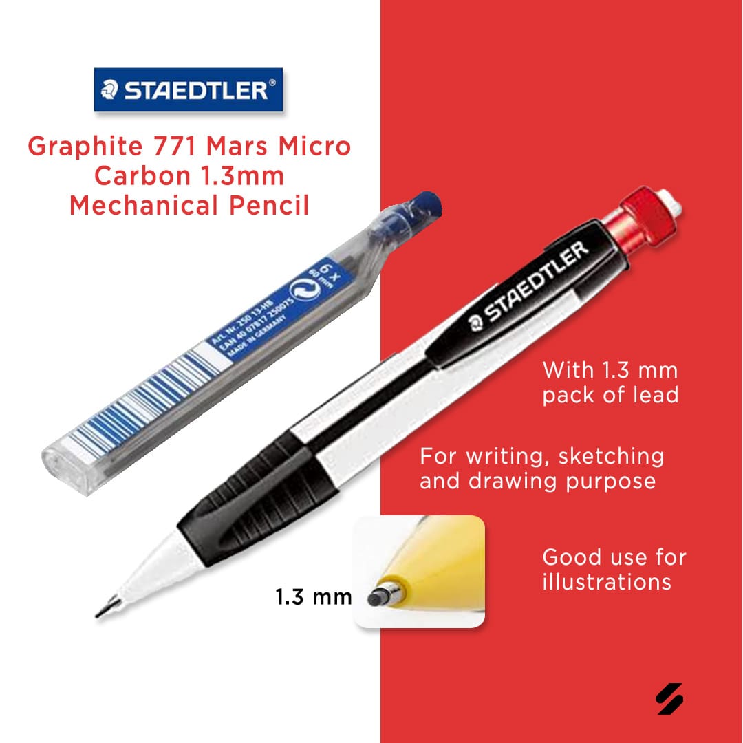 Staedtler Graphite 771 Mars Micro Carbon 1.3mm Mechanical Pencil (white barrel) with Lead box